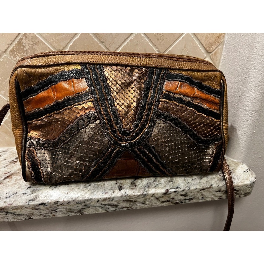 Carlos Falchi Mixed Exotic Skin Patchwork Crossbody Metallic Bronze Python VTG